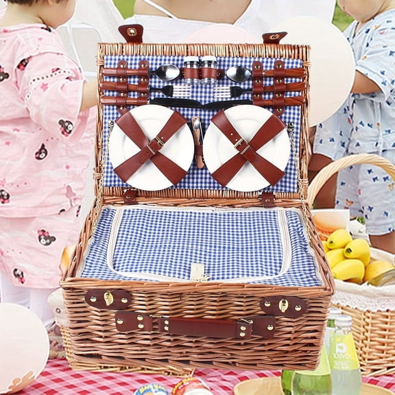 [Aromahome]Wicker Picnic Basket Set for 4 Waterproof Large Picnic Set with Portable Handle for Family Party Camping