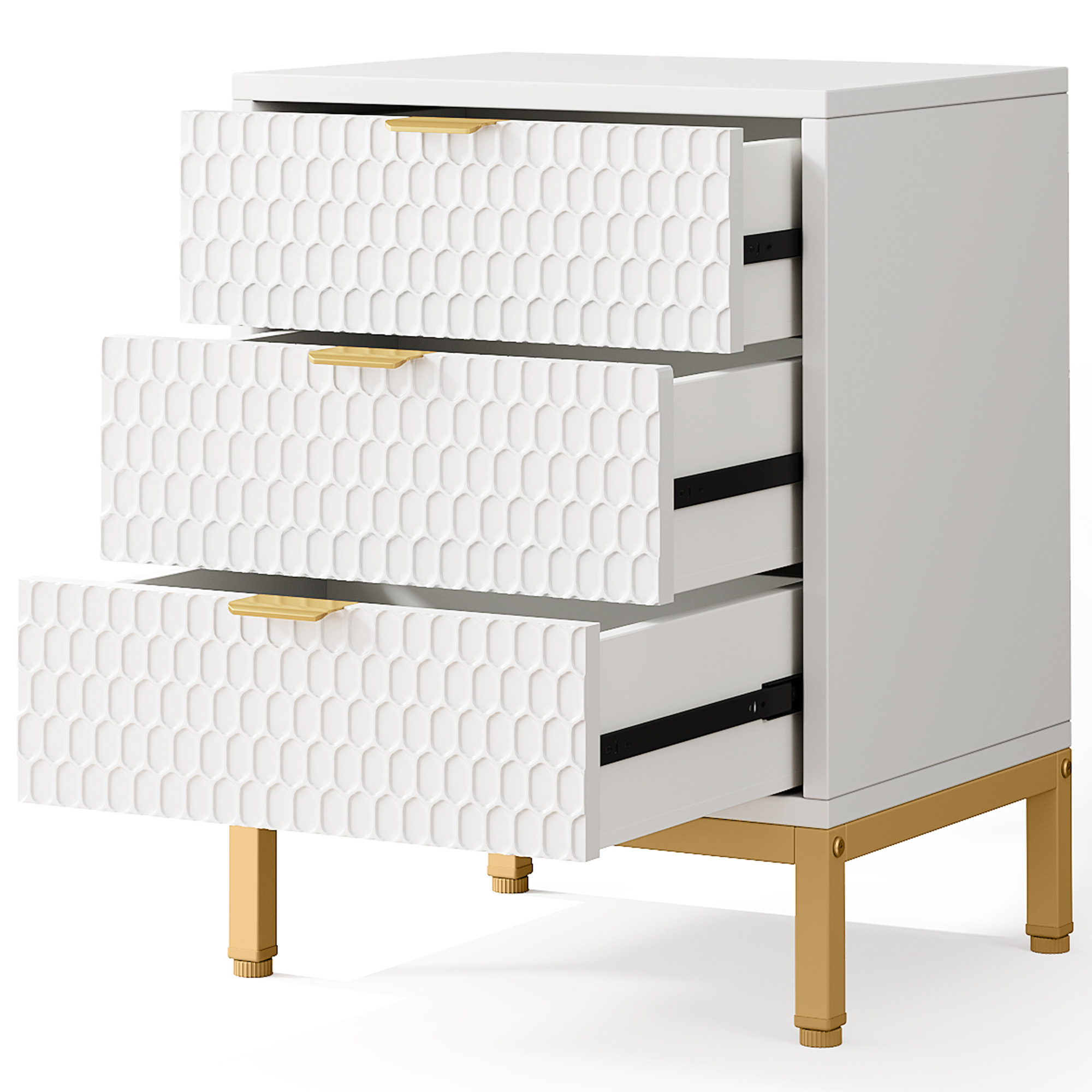 MAYEERTY Tall White Nightstand with 3 Glide Drawers, Honeycomb Hexagon Pattern & Gold Metal Base