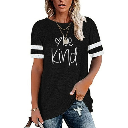 Women's Tops Be Kind Printed Contrast Color Stitching Round Neck Short ...