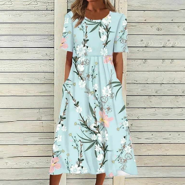 Dezsed Tshirt Dress for Women Casual Plus Size Summer Midi Dress Boho Floral  Print Loose Flowy Long Dresses with Pockets Light Green 2XL - Walmart.com