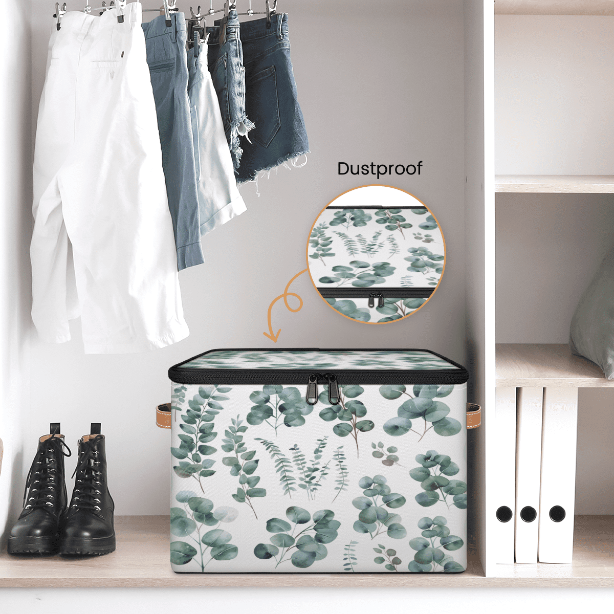 CURLYOOT Green Eucalyptus Leaves Fabric Storage Bins with Lids, Eucalyptus Leaves Foldable Storage Boxes Washable Storage Cube, Closet Bedroom Home Organizer Containers with Handles