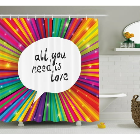 - Colorful Shower Curtain, Vintage All You Need is Love Inspirational Speech Bubble Hippie Retro Poster Print, Fabric Bathroom Set with Hooks, White, by Ambesonne