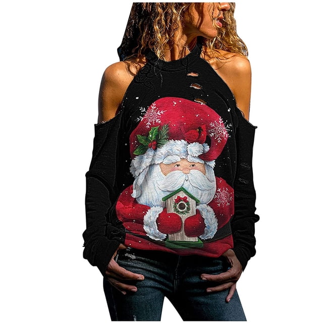 Mujeres moda Navidad sin tirantes impresión manga larga blusas sudadera Tops Pompotops gfhjh10282