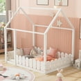 thumbnail image 2 of Leumius Full Size Wood House Bed with Fence & Roof,Montessori Bed Floor Bed with Safety Guardrails for Boys & Girls,White, 2 of 9