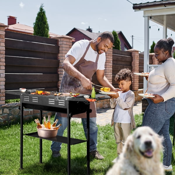 Portable 2-in-1 Charcoal Grill, Foldable Kabob BBQ with Pan & Grill, Adjustable Height, Storage Trays for Camping/Picnics/Backyard