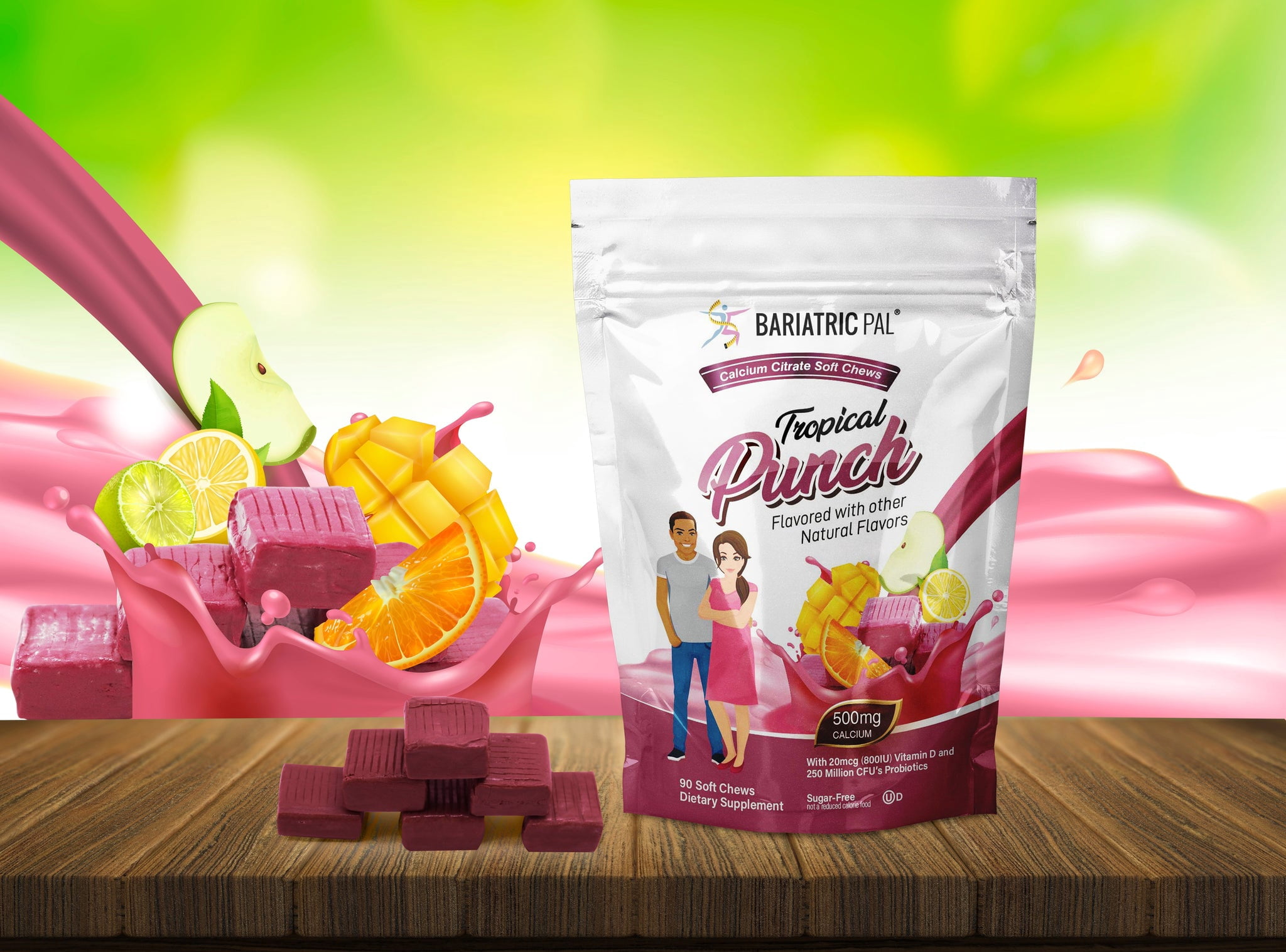 BariatricPal Sugar-Free Calcium Citrate Soft Chews 500mg with Probiotics - Tropical Punch (90ct)