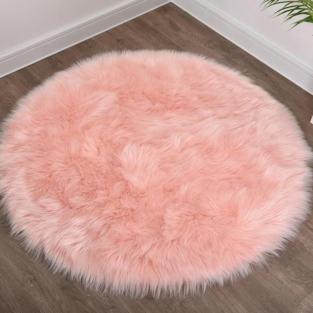 Chrlaon Faux Fur Sheepskin Area Rug Non-Skid Furry Carpet for Living Room, Pink, 3' x 3'