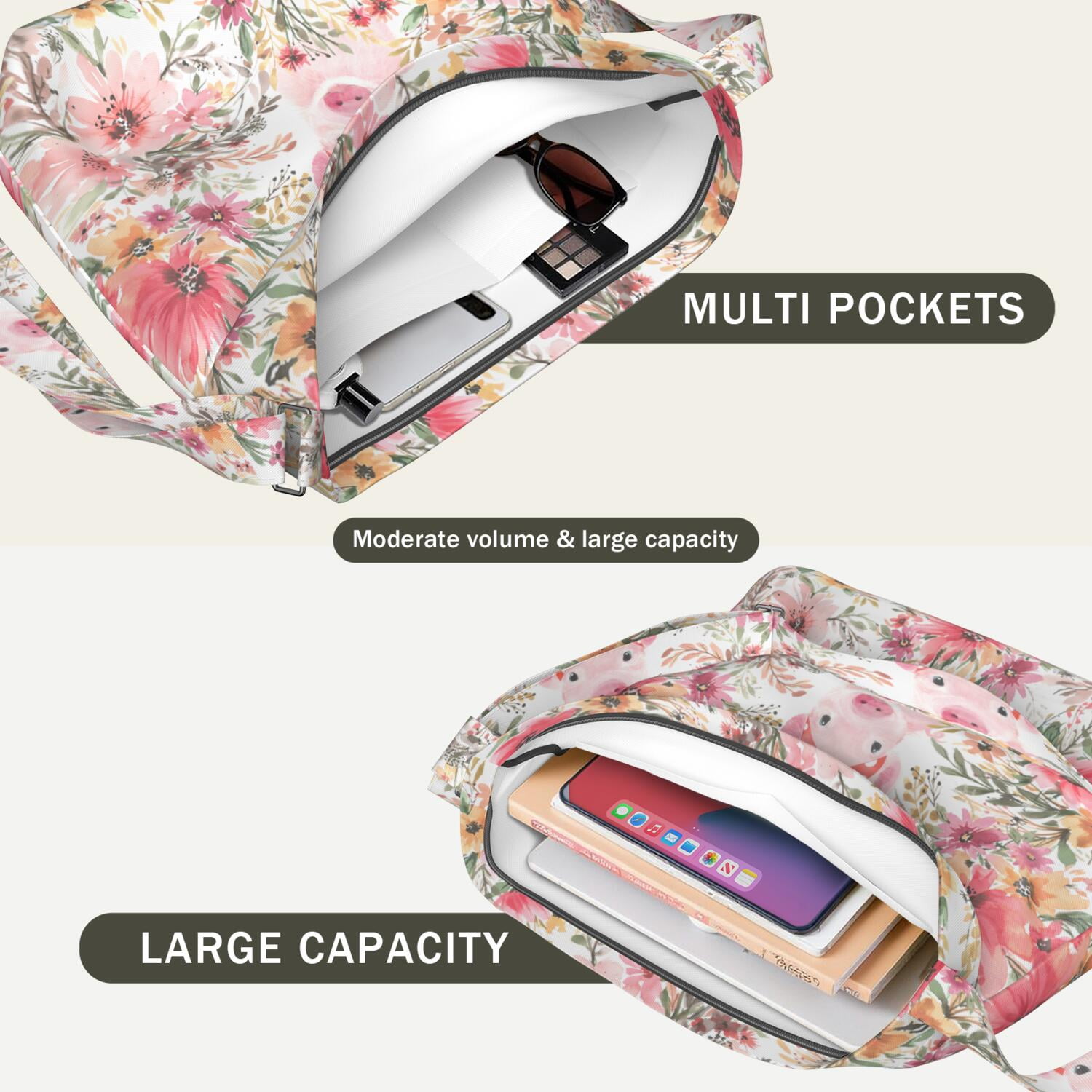 Romantic Watercolor Rose Crossbody | Large Capacity Shoulder Bag | Multi-Pocket Organization