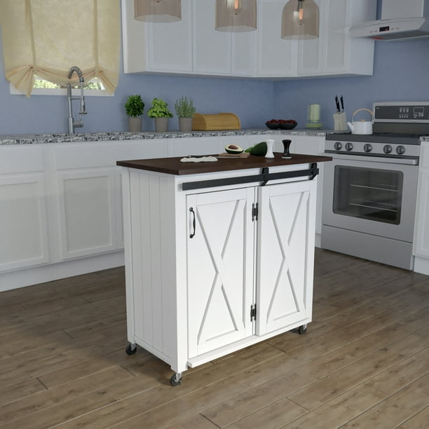 Southern Enterprises Leal Modern Farmhouse Style Barn Door Kitchen Cart In Dark Brown And White Finish Com Barn Door Kitchen Cart In Dark Brown, White Farmhouse Style Kitchen Island