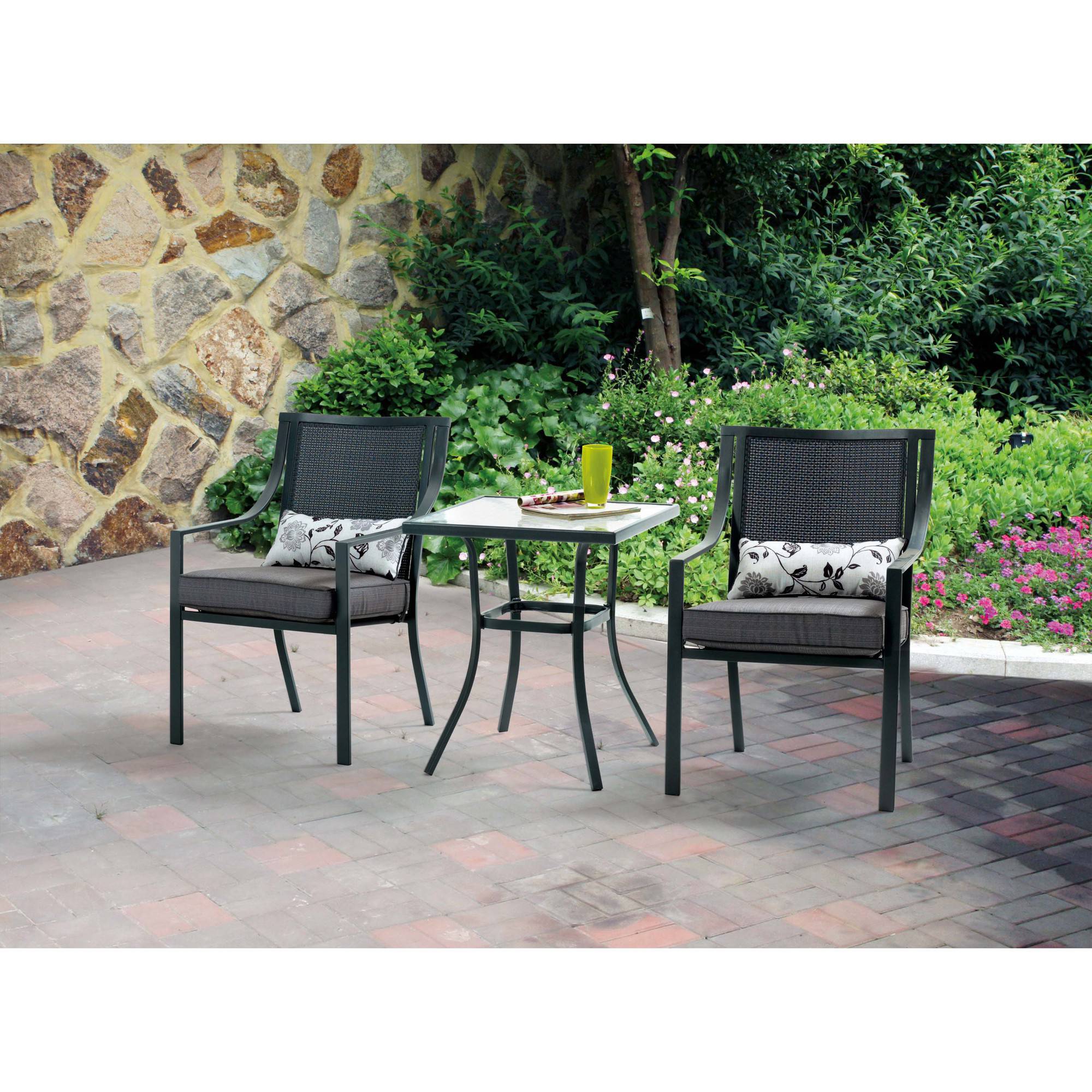 Mainstays Alexandra Square 3-Piece Outdoor Bistro Set, Red Stripe with Butterflies, Seats 2