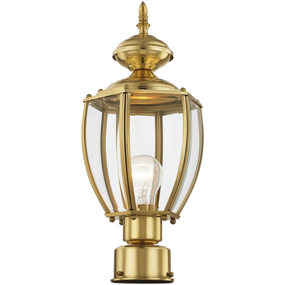 1 Light Polished Brass Outdoor Post Lantern Pendant Lighting Fixture with Clear Beveled Glass Shade backed with Solid Brass material for patio, front porch, entryway and more