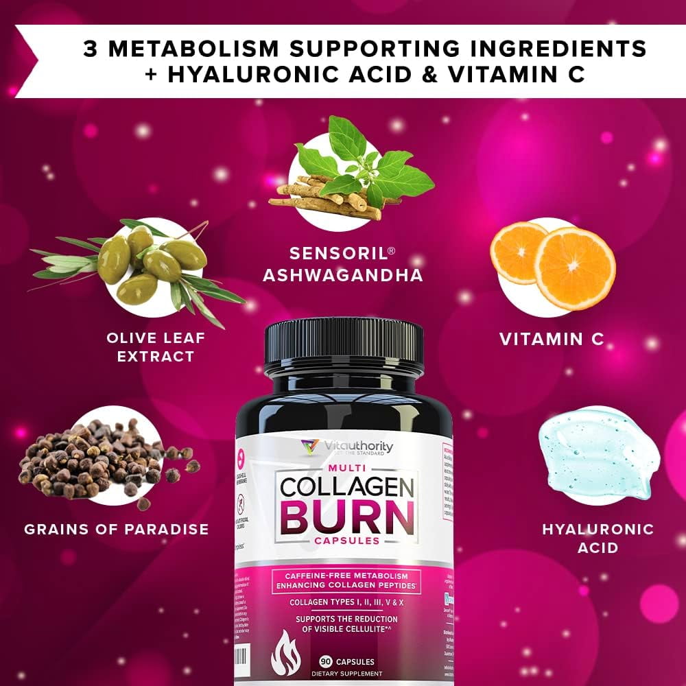 Vitauthority Burn Multi-Type Hydrolyzed Collagen Peptides, Unflavored, 90 Capsules