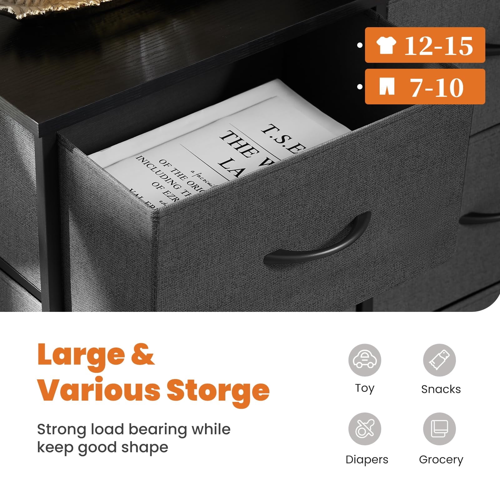 Telyra 8-Drawer Fabric Dresser Tall Storage Tower with Wood Top and Steel Frame Bedroom Closet Organizer, Gray