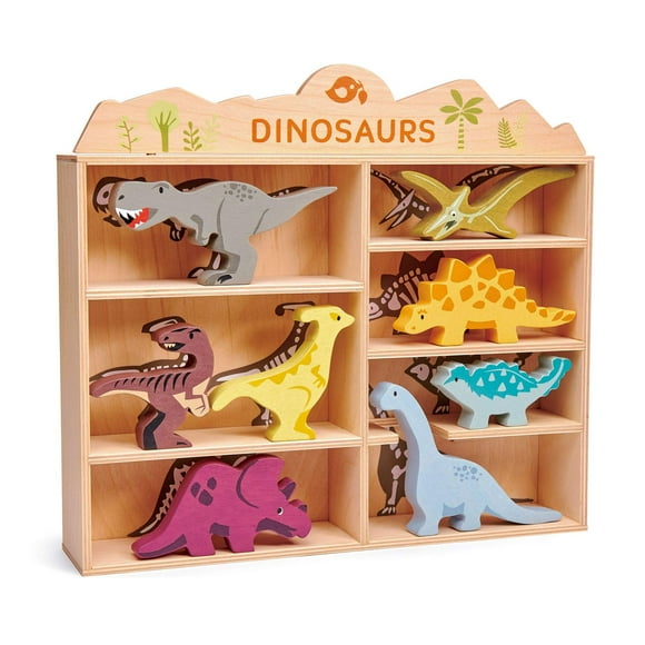 Tender Leaf Toys Dinosaur Animals – 8 Wooden Prehistoric Figurines with a Display Shelf - Classic Toy for Pretend Play – Develop