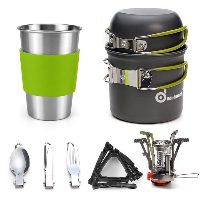 Odoland Utensilios de Cocina para Acampar Estufa Mosquetón Soporte para Recipiente Trípode y Taza de Acero Inoxidable, Soporte para Tanque, Kit de Cuchara para Tenedor para Mochileros, Acampar al Aire