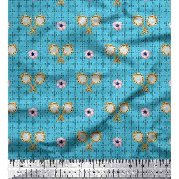 Soimoi Blue Rayon Crepe Fabric Geometric,Anemone & Hand Mirror Vintage Print Sewing Fabric Yard 46 Inch Wide