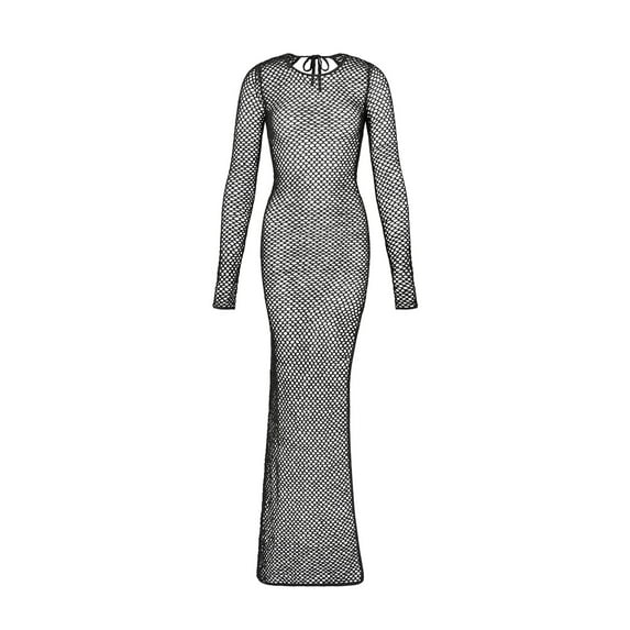 Coduop Women Knitted Bikini Cover Up Maxi Dress Long Sleeve Fishnet Hollow Out Swimsuit Cover Up