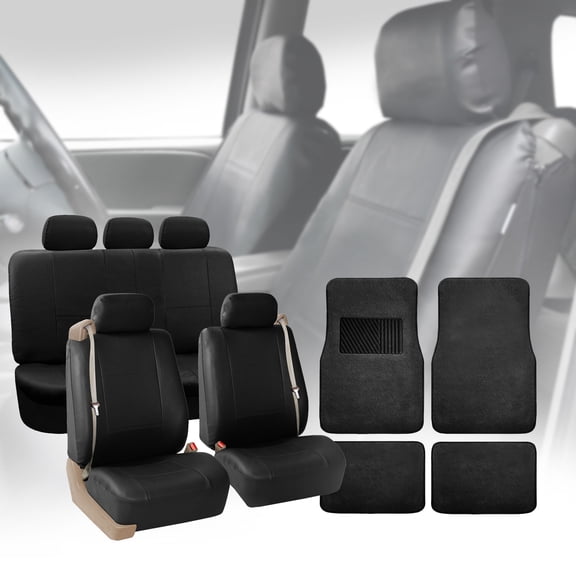 FH Group PU Leather Integrated Seatbelt Seat Covers, Full Set with Black 4pcs Carpet Floor Mats, Black
