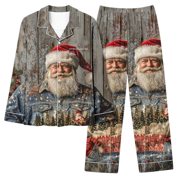 successthop Womens Plus Size Christmas Pajamas Santa Long Sleeve Lapel Button Sleepwear and Pj Pant Xmas Nightwear Blue
