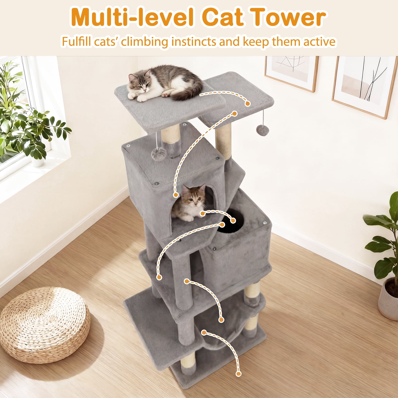 Gymax 57'' Cat Tree for Indoor Cats w/ Dual Condos Hammock Sisal Scratching Posts