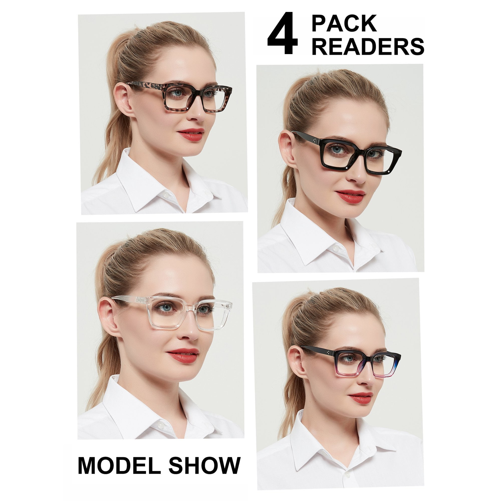 4 Pack Womens Reading Glasses 1.5 Large Readers 1.00 1.50 2.00 2.50 3.00 3.50 Designer Ladies 1.50 Reader Glasses with Spring Hinges and Acrylic Lens, Anti Glare, Relieve Eyestrain