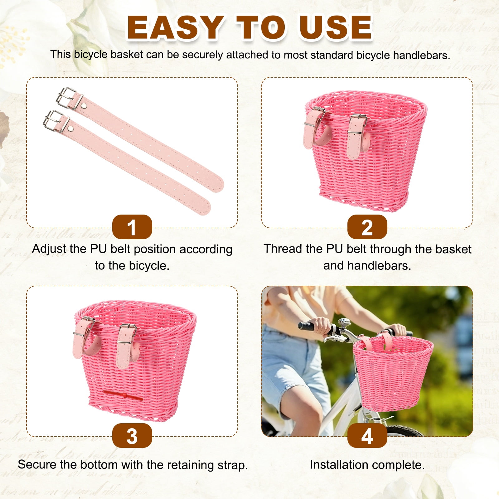 Uxcell Bike Basket Front, Hand-Woven Bicycle Basket with Adjustable PU Belts 2 Pack & Fuchsia, Pink-Fitting For(Most Road Bikes, Bicycles/Scooters)