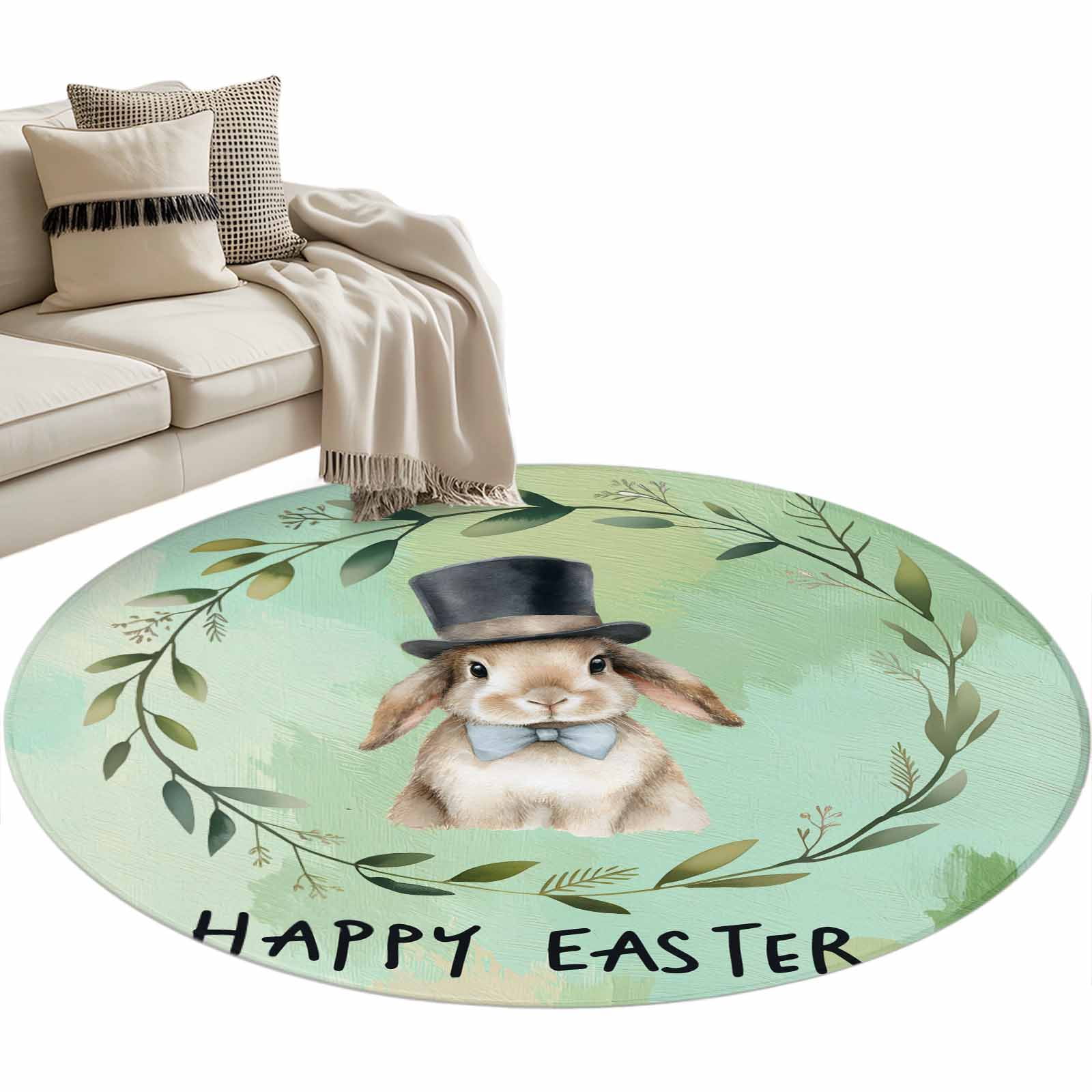 Round Area Rug 3ft Easter Bunny Pastoral Garland Non-Slip Non-Shedding Floor Mat Eucalyptus Leaf Gradient Washable Sturdy Carpet for Living Room Bedroom Home Decor