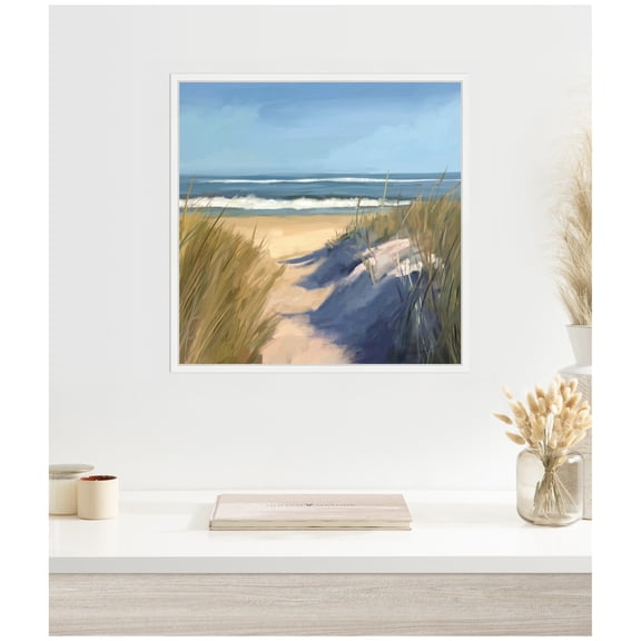 Kate and Laurel Framed Canvas Wall Art Print By The Sea by Mary Sparrow, 22 x 22 Sylvie White Frame, Coastal, Beach Art for Wall Decor