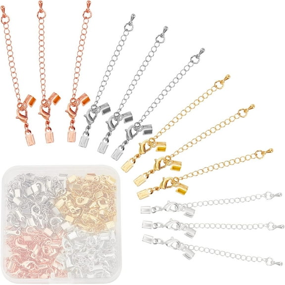 1 Box 40 Sets 4 Colors Fold Over Crimp Cord End Clasps Brass Connectors with Lobster Clasps Extender Chains Adjustable Cap