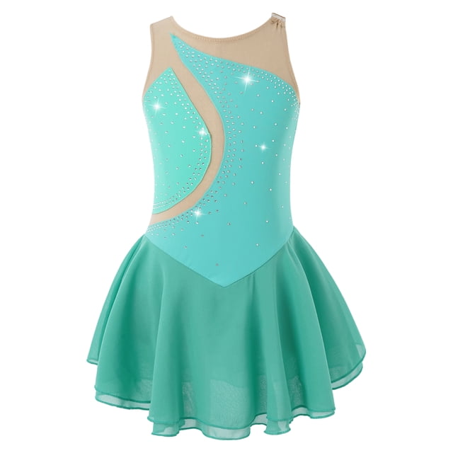 Sinleey Robe de Patinage Artistique pour Filles, Sans Manches, avec Strass Scintillants, Vert 16