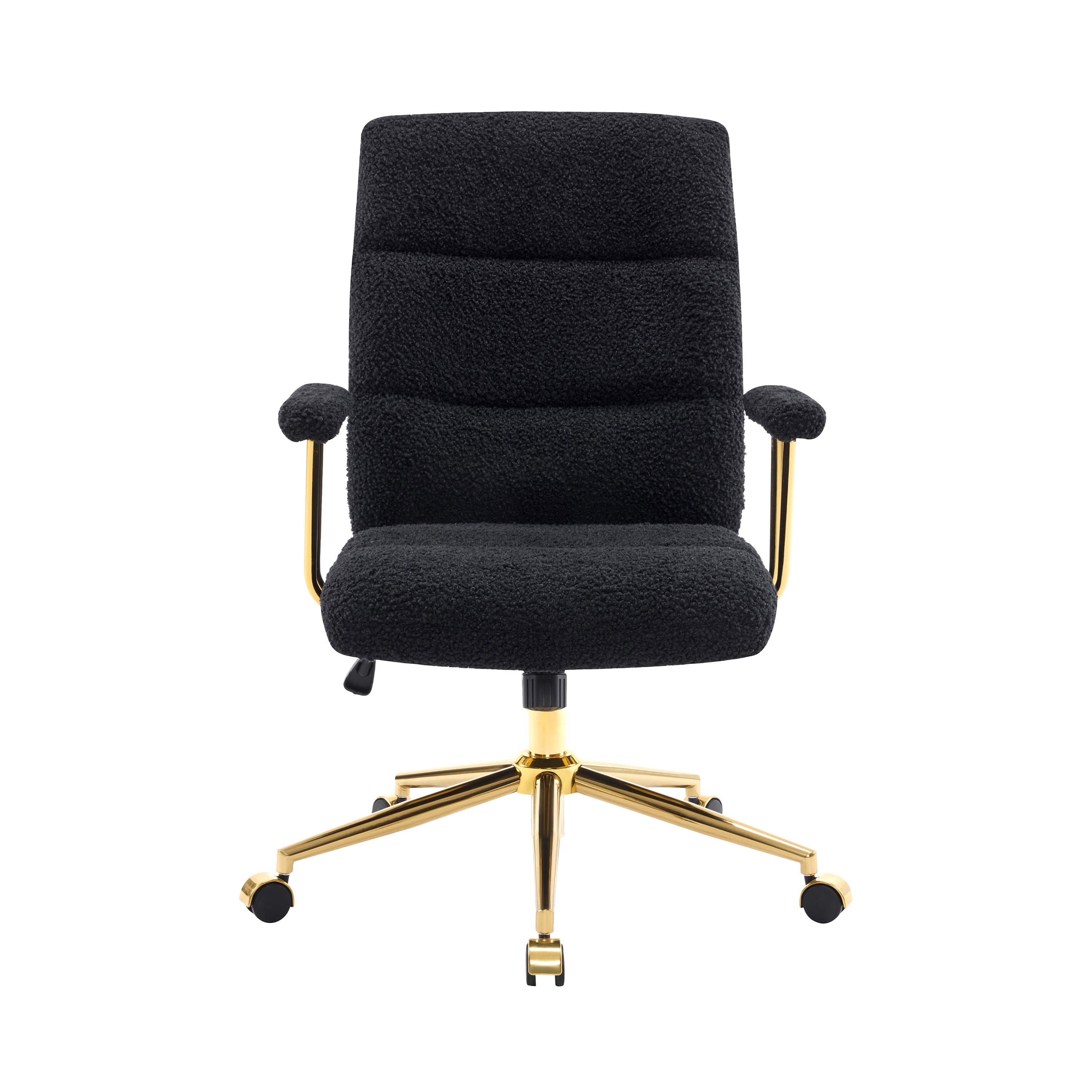 Textured Boucle Fabric Black and Gold Office Chair, Modern Height Adjustable Desk Chair with Padded Arms
