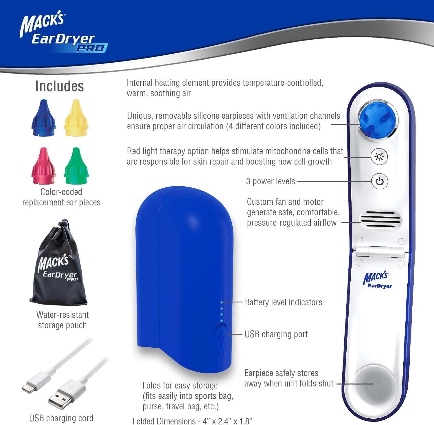 Mack's Ear Dryer PRO Rechargeable Warm Air Ear Water Drying Aid with Red Light Therapy and 3 Power Levels for Swimmers' Ears, Showering, Water Sports, Surfing, Scuba, and Hearing Aids