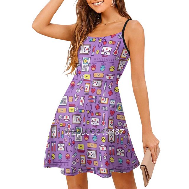 "Fier d'Tre Infirmière" Motif / Robe à Encolure Carrée Violette Robe d'Été Douce Robe Élégante à Imprimé Halter Infirmière Fière