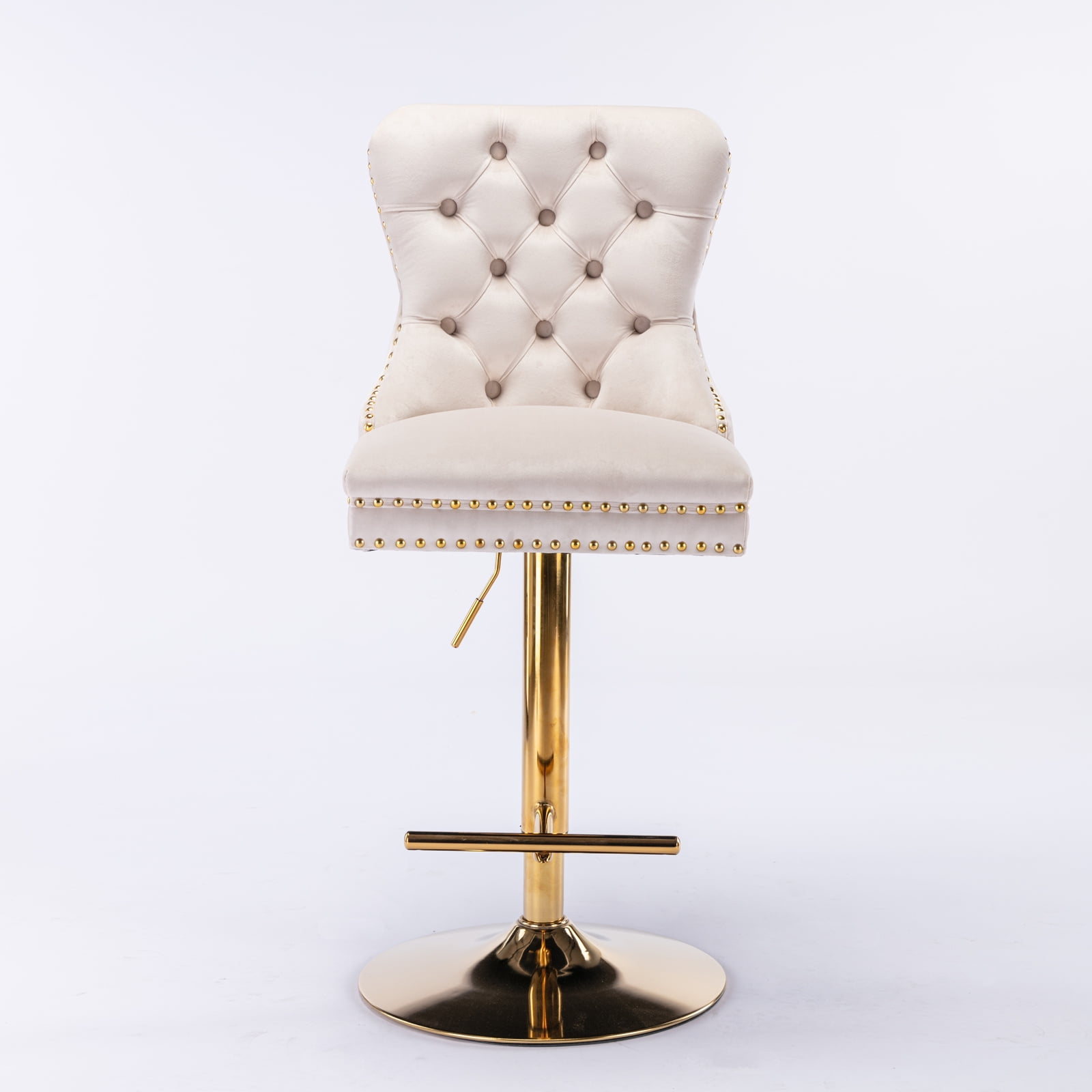 Yoneston Bar Stools Set of 2, Adjustable Height Bar Stools with Tufted Velvet Upholstery, Nailhead Trim & Gold Metal Base, Modern Counter Stools for Pub, Kitchen Island, Beige