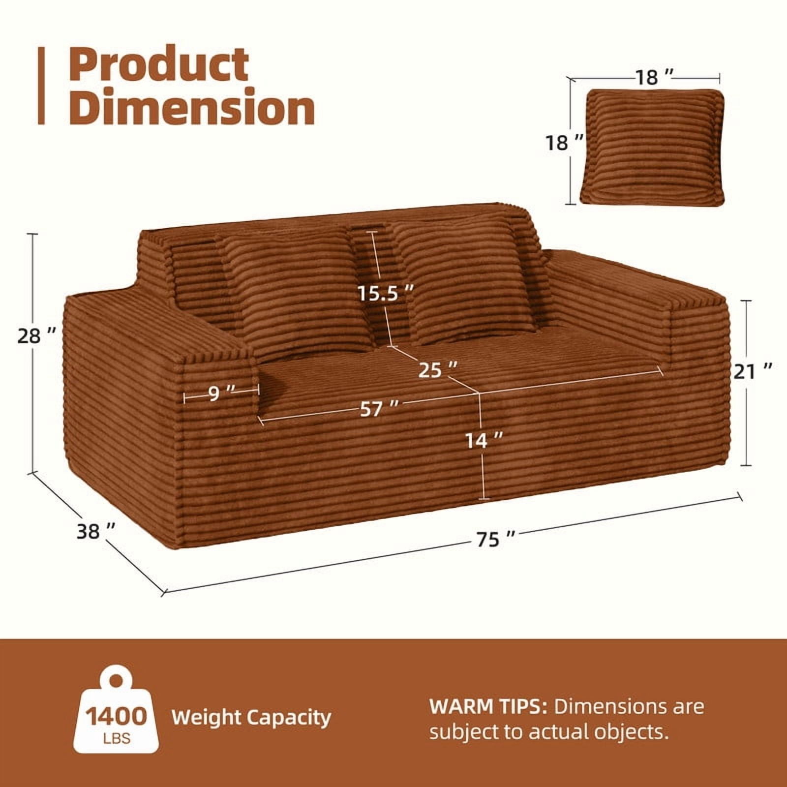 Hawsaiy 75" Corduroy Loveseat Sofa with Wide Armrests & Removable Pillows, No Assembly Foam Couch, Vacuum Packed, High-Density Support,Brown