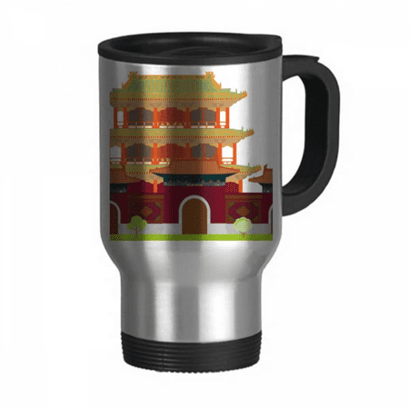 

China Architecture Landmark Traditional Pattern Travel Mug Flip Lid Stainless Steel Cup Car Tumbler Thermos