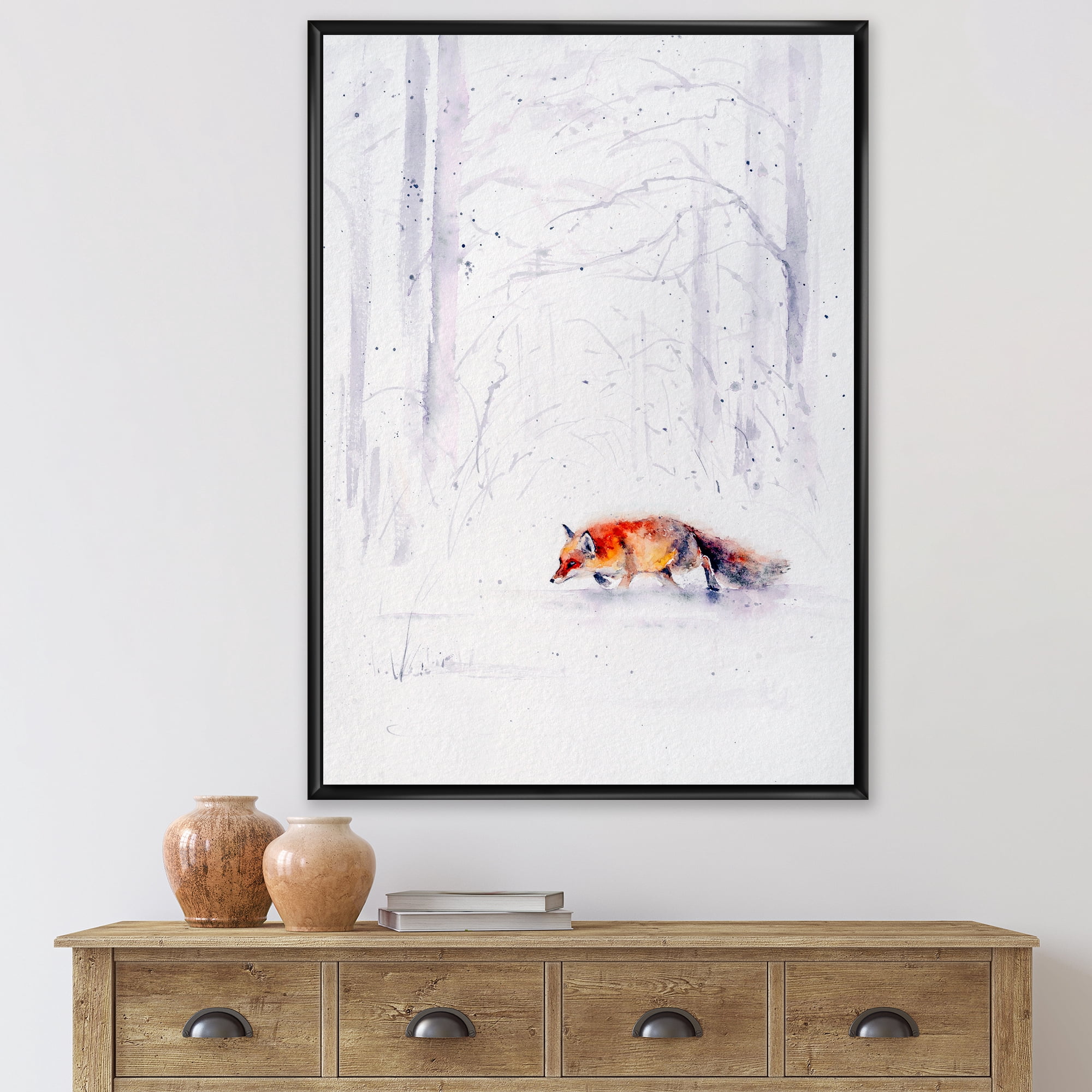 Designart 'Red Fox Running In White Snow in Countryside II' Farmhouse Framed Canvas Wall Art Print