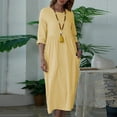 thumbnail image 3 of 4Th Of July Outfits For Women, Casual Loose 3/4 Sleeve Cotton Linen Solid Color Round Neck Beach Dresses With Pockets Formal Wedding Guest Dress Plus Size Sweater Tshirt (XL, Yellow) ZMTing, 3 of 5