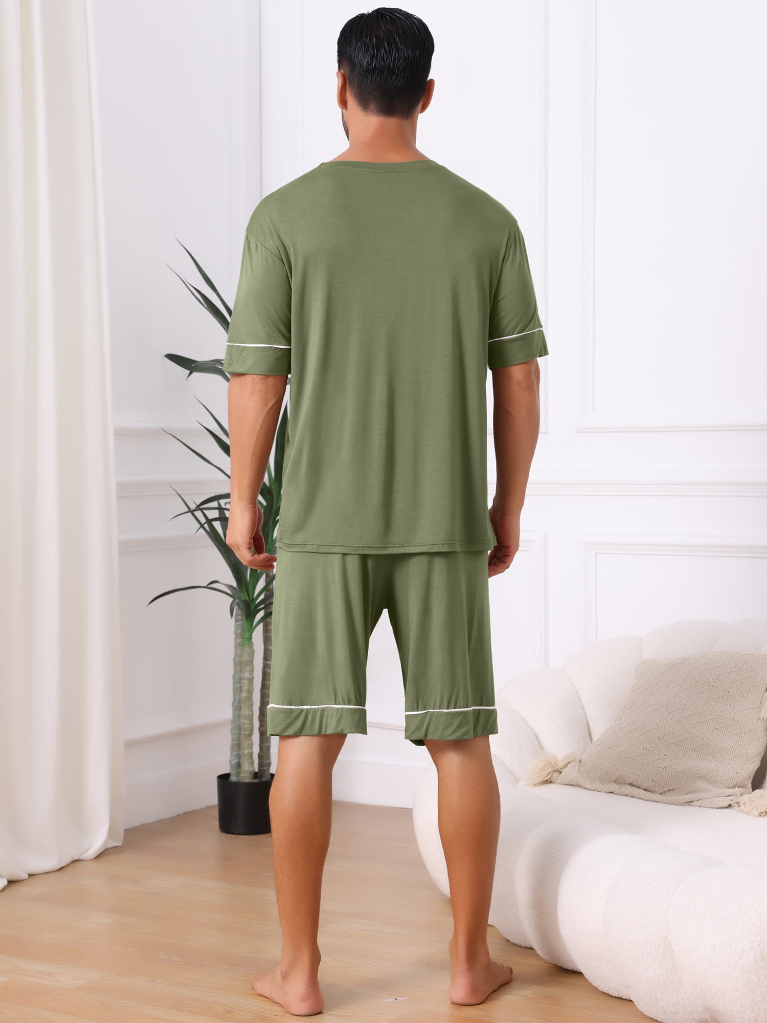 DARING DIVA Men's Soft Nightwear Summer Crew Neck Pajama Set with Pockets S Olive Green