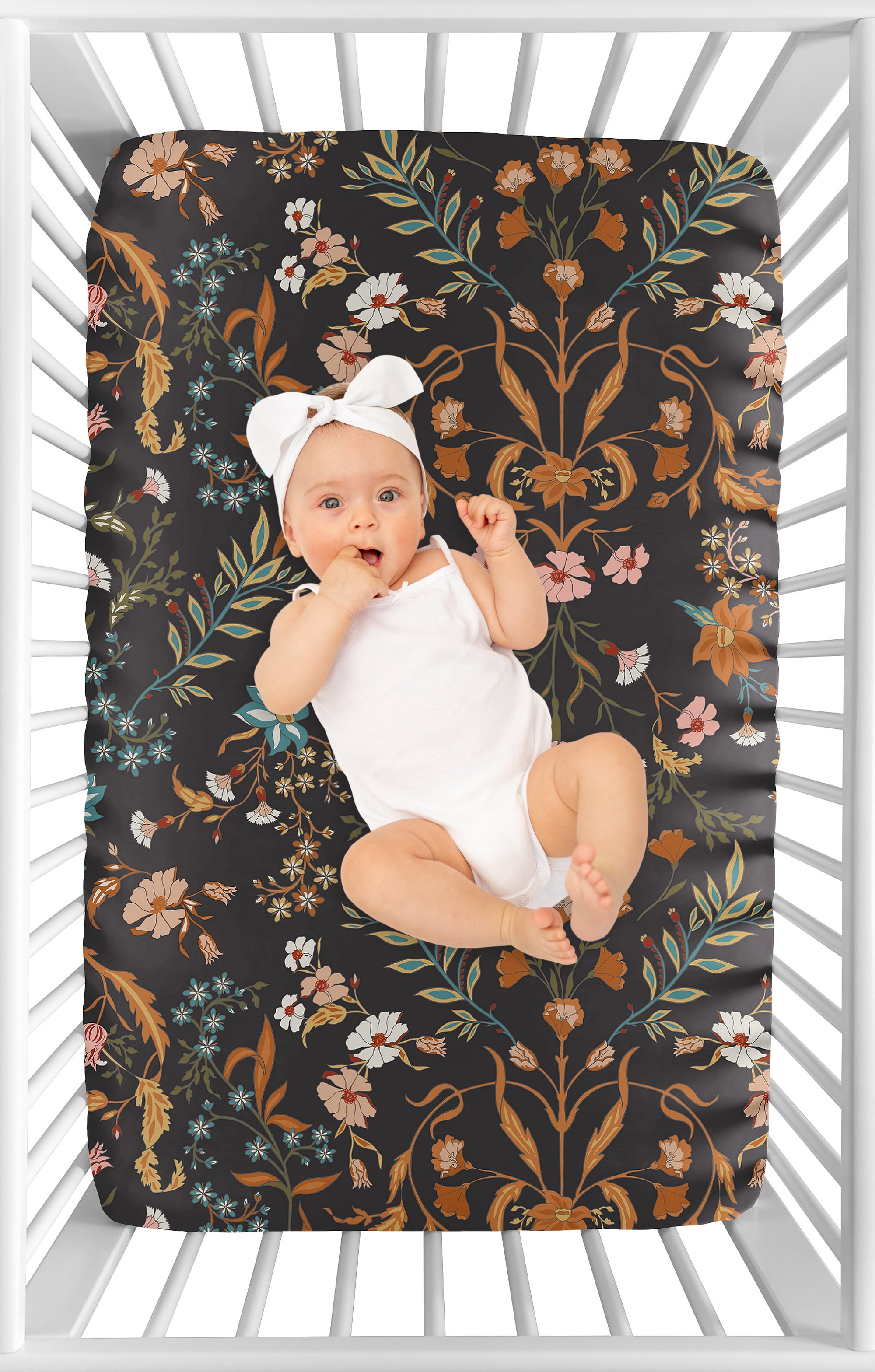 Sweet Jojo Designs Boho Floral Wildflower Black and Orange Girl Mini Fitted Crib Sheet