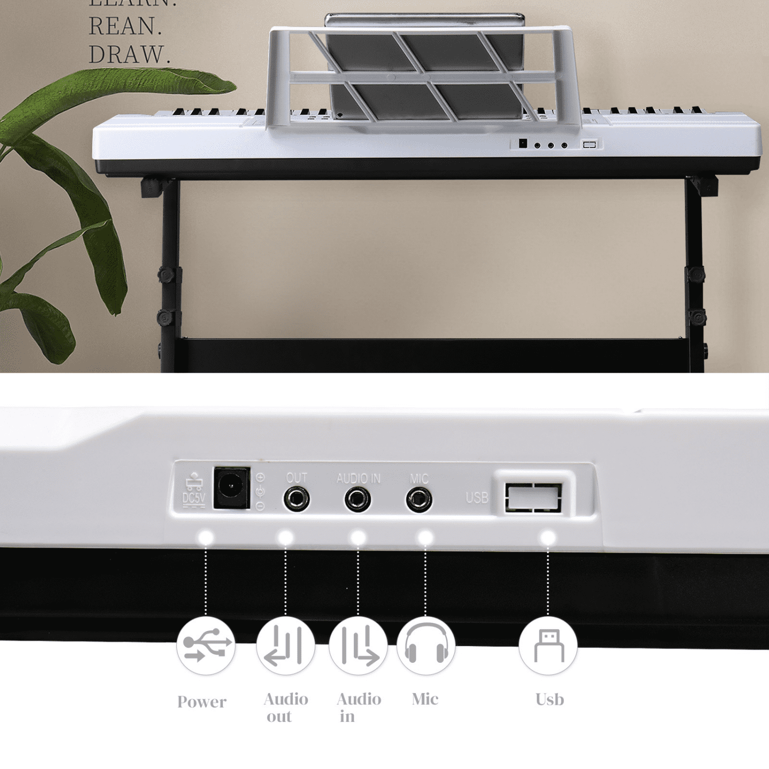 Hassch 61 Key Keyboard Piano for Beginners, Electronic Keyboard Kit with Stand, Bench, Headphone, Microphone, Built-In Speakers, Music Rest, LED Screen, 3 Teaching Modes, White