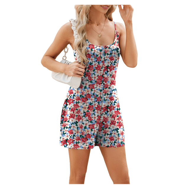 Womens Summer Sleeveless Romper Loose Adjustable Spaghetti Strap Stretchy Jumpsuits with Pockets Red Flowers XXL
