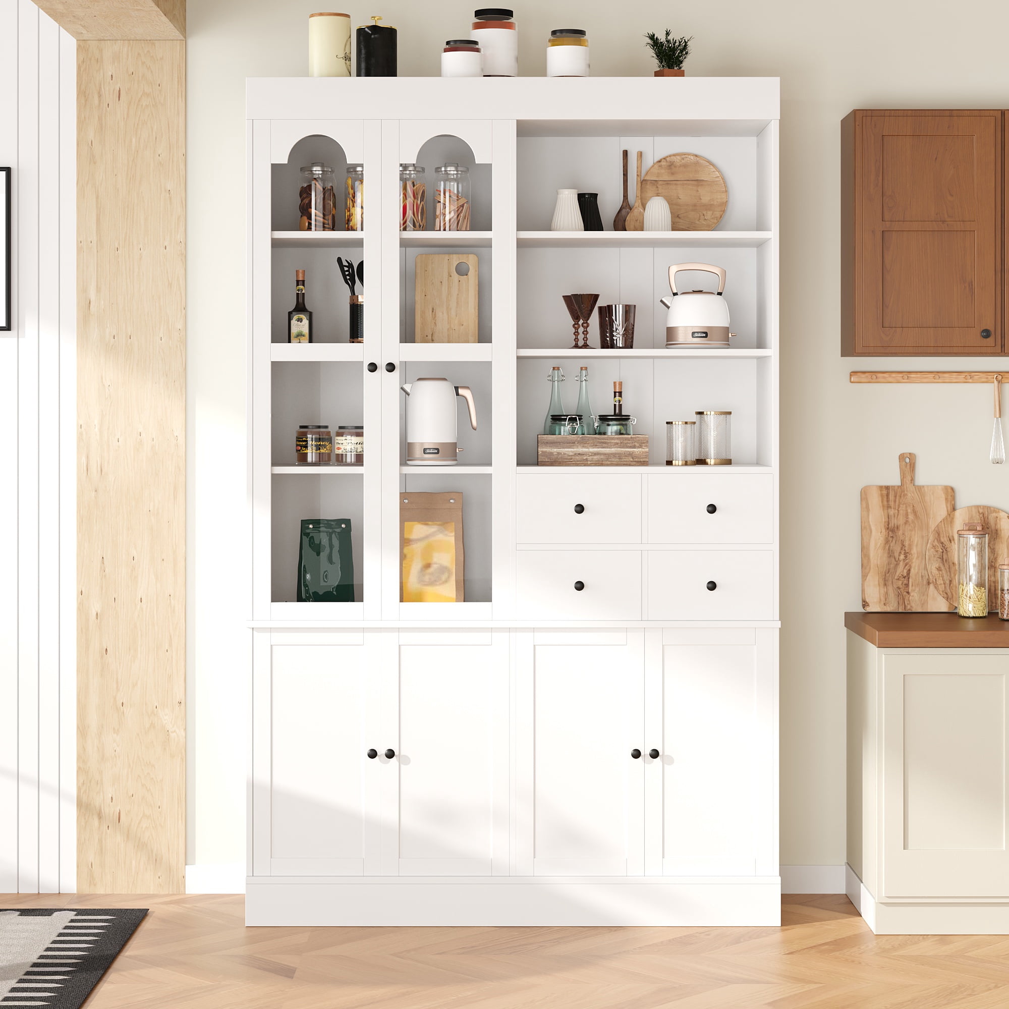 Euroco 47.2x15.7x75inch Freestanding Buffet with Hutch, Tall Kitchen Pantry Cabinet with 4 Drawers, Door Shelves and Pull-out Trays for Dining room, Living Room, White
