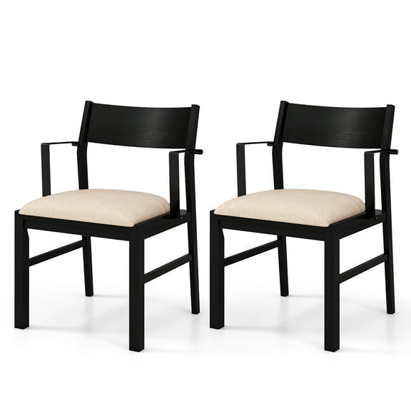 Gymax Dining Chair w/ Arms Set of 2 Modern Kitchen Chairs & Contoured Backrest Black & Beige