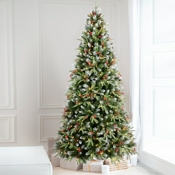 Maylaviu 7ft Lighted Artificial Christmas Tree with 2178 Premium PE/PVC Branches, 450 Lights, Pine Cones, Red Berries, Foldable Metal Base, Green