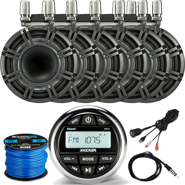 Kicker Gauge Style Marine Grade Am Fm Radio Bluetooth Receiver Media Center 6 X 10 Horn Loaded Led Tower System Speakers Charcoal 50ft 16 Gauge
