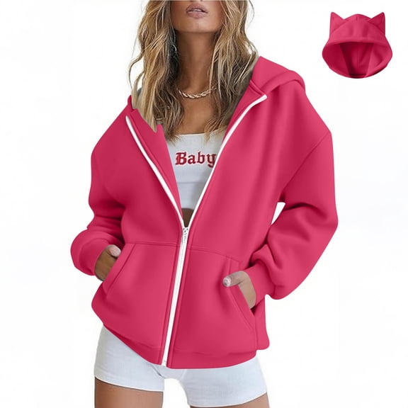 Levmjia Women's Winter Sweatshirt Coats Solid Color Jacket Zipper Hats With Ears Long Sleeve Hooded Sweaters Loose Casual Fashion Tops