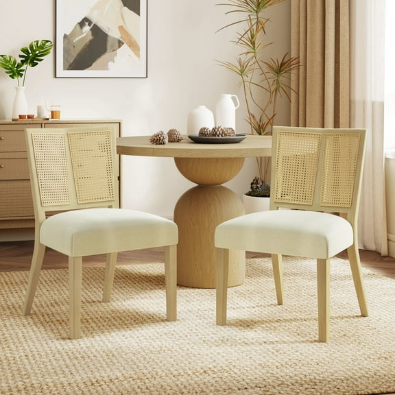 Christopher Knight Home Mid-Century Modern Rattan Dining Chairs, Upholstered Side Chairs, Solid Wood, Light Ash Beige, Set of 2