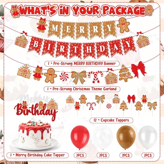 SHILIU-Red Christmas Birthday Party Decorations, Cute Gingerbread Man Theme Merry Birthday Banner Cake Topper Red White Snowflake Balloons for Gingerbread Christmas Decorations Holiday Xmas Party Sup