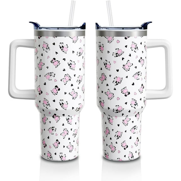 40oz Cow Print Tumbler with Handle, Straw Lid & Vacuum Insulation - Pastel Stainless Steel Cup, Pet Lover Gift for Women Girls (1-Pack)